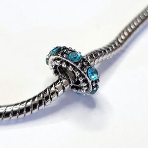 NWT For Pandora Charm Bracelets Aqua Blue Rhinestones Silver Color Band Spacer